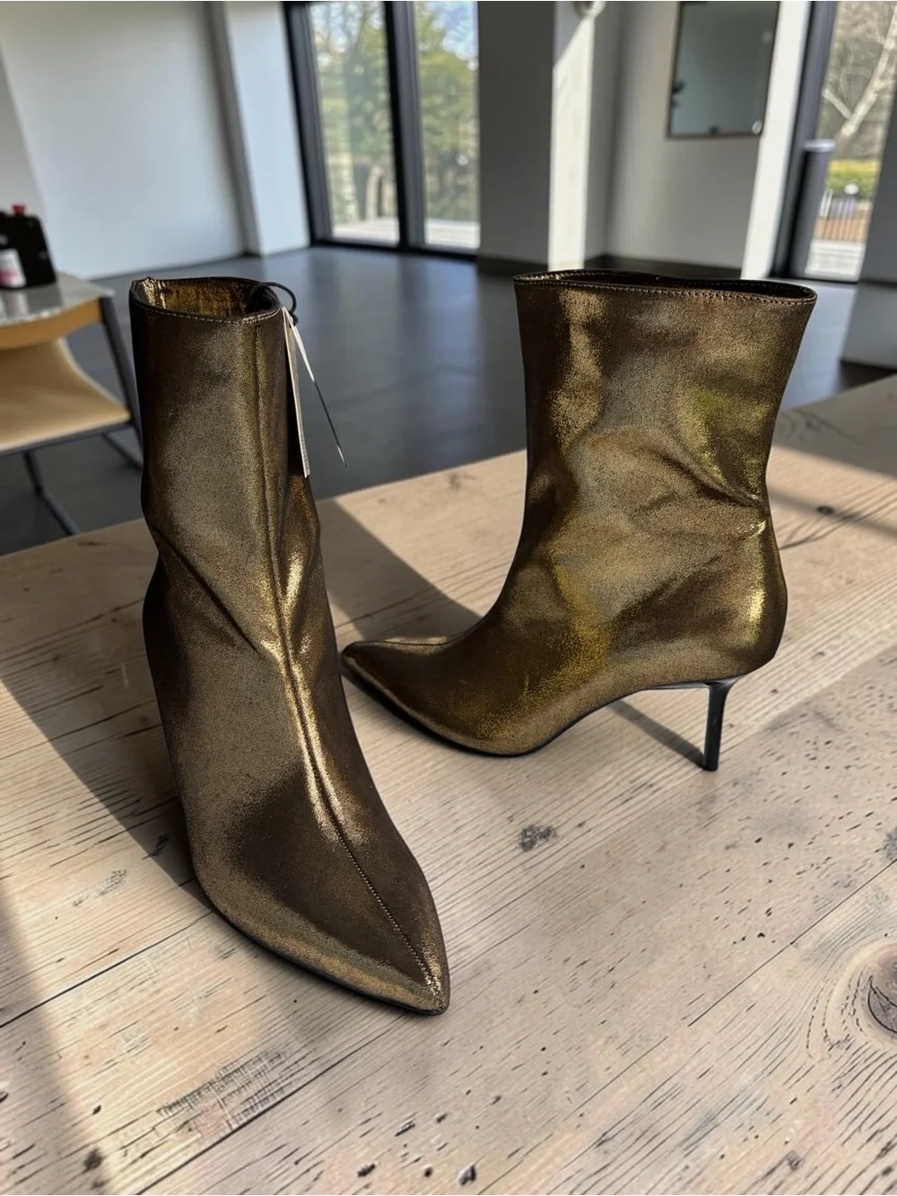 ZARA Metallic Bronze Pointed Ankle Boots Booties